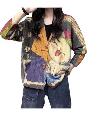 Oversized Cat Print Cardigan for Women | Boho Knit Sweater with Pockets, V Neck